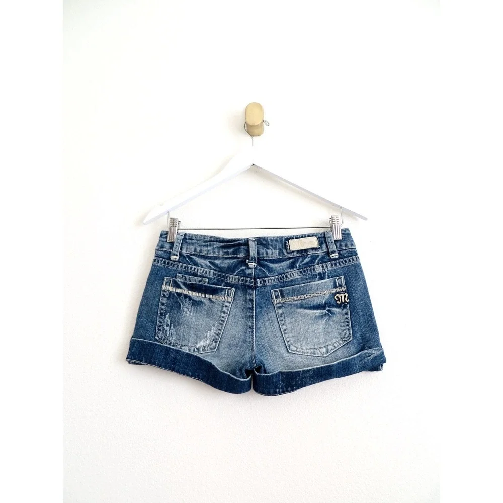 Vintage Y2K Miss Me JP4403  Cuffed Denim Jean Shorts Embroidered Blue SZ 27